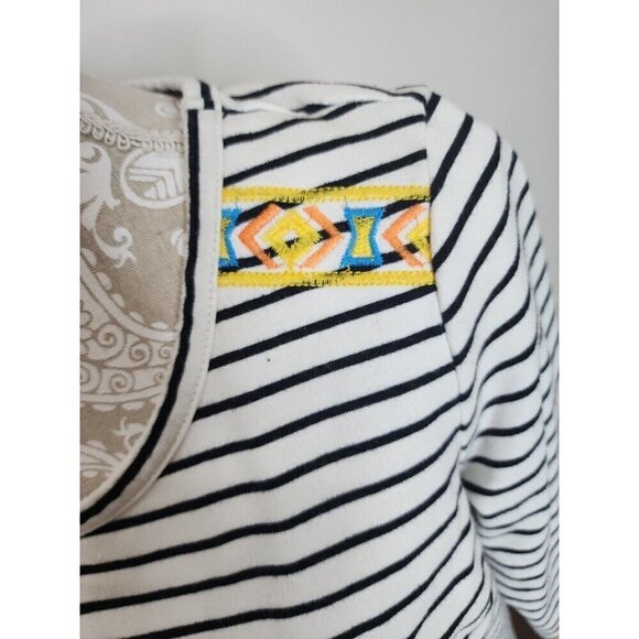 Pomelo Aztec Embroidered Top 3/4 Sleeve White & Black Striped Top Women's Medium - Picture 2 of 9